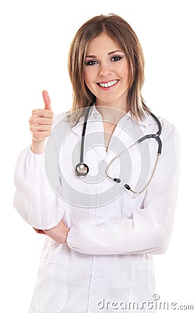 A young and happy brunette doctor in white clothes Stock Photo