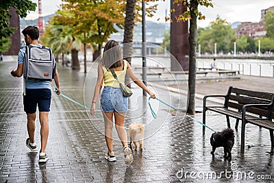 A young happy caucasian couple walking their dogs in a cloudy day in Spain in Bilbao Stock Photo