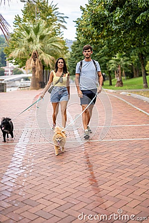A young happy caucasian couple walking their dogs in a cloudy day in Spain in Bilbao and staring at the camera Stock Photo
