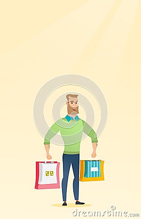 Young happy caucasian man with shopping bags. Vector Illustration