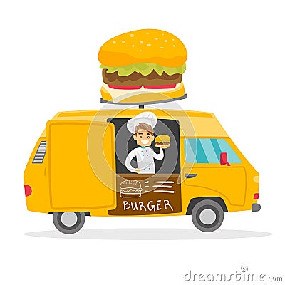 Caucasian white street seller selling burgers. Vector Illustration