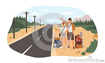 Young happy couple with backpacks standing near road and hitchhiking. Cute smiling man and woman thumbing or hitching Vector Illustration