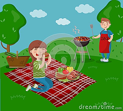 Young happy couple cooking and eating bbq while sitting in the garden, barbecue party in summer holiday cartoon vector Vector Illustration