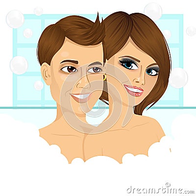 Young happy couple enjoying relaxing bubble bath Vector Illustration