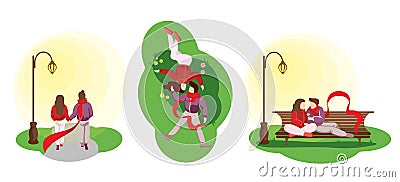 Young happy couple in love spend time together in various springtime relationship scenes. Man and woman during spring Vector Illustration