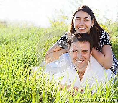 Young happy couple in love in spring day Stock Photo