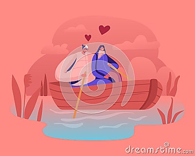 Young Happy Couple of Man and Woman Floating Boat at Water Surface. Male and Female Characters Hugging Vector Illustration