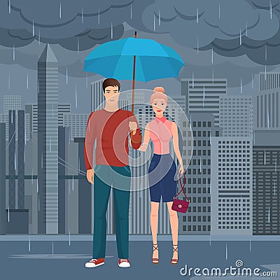 Young Happy couple pair standing under the umbrella in the street in dark grey rainy day vector illustration. Vector Illustration