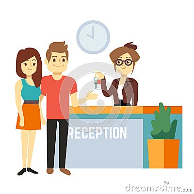 Young and happy couple at reception with smiling receptionist. Hotel reservation on holiday flat vector concept Vector Illustration