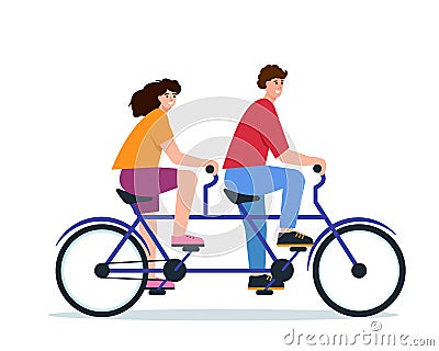 Young happy couple ride double tandem bike. Vector Illustration