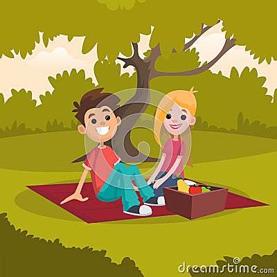 Young happy couple sitting on picnic blanket in park. Romantic date on nature. Rest in open air. Cartoon people Vector Illustration