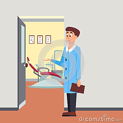 Young and happy dentist invites to the office with tools. Vector illustration in cartoon style Vector Illustration