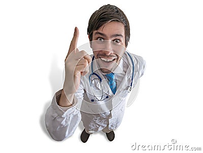 Young happy doctor have an idea and holds finger up. Isolated on white. Stock Photo