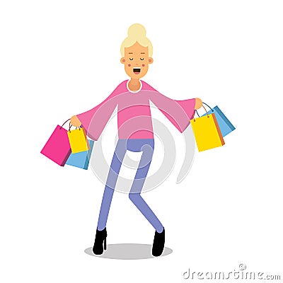 Young happy fashionable blond girl standing with purchases cartoon character vector Illustration Vector Illustration