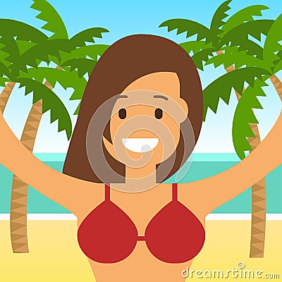 Young happy girl on the beach and sea. Selfie. Vector illustration in flat stile. Vector Illustration