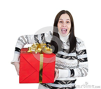 Young happy girl with big red gift box Stock Photo