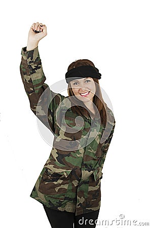 Young happy girl dressed in green camouflage Stock Photo