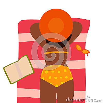 Young happy girl in a hat is resting and sunbathing on the beach. Hand drawn. Concept, greeting card, banner, background Vector Illustration