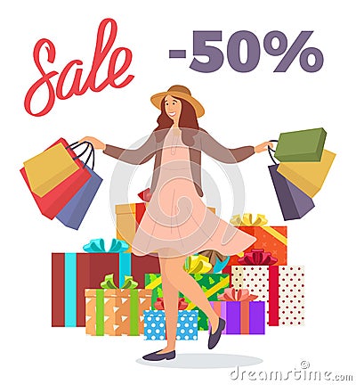 Young happy girl jumps and picks up packages. Big present boxes on the background. Holliday sale Vector Illustration