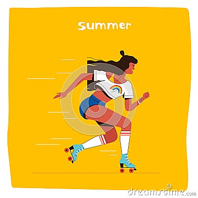 Young happy girl riding retro roller skates. The concept of summer activity and outdoor recreation Vector Illustration