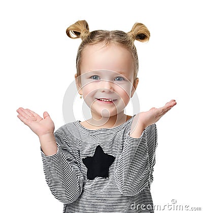 Young happy girl show something with hands for text copy space Stock Photo