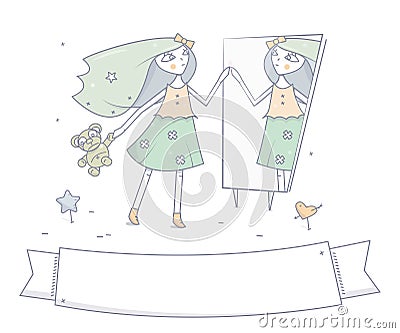 Young happy girl with Teddy bear in hand, stands before the mirror. Vector Illustration