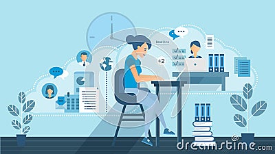 Young happy girl working from home Vector Illustration