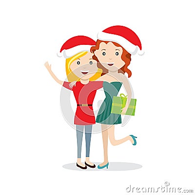 Young happy girls with Christmas gift flat characters Vector Illustration