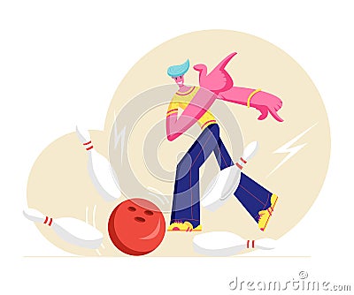 Young Happy Male Character Wearing Casual Clothing Throw Ball Hitting Perfect Strike in Bowling Alley. Professional Player Vector Illustration
