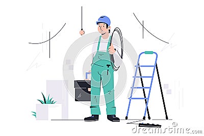 Young happy male employee with equipment looking at completed work. Vector Illustration