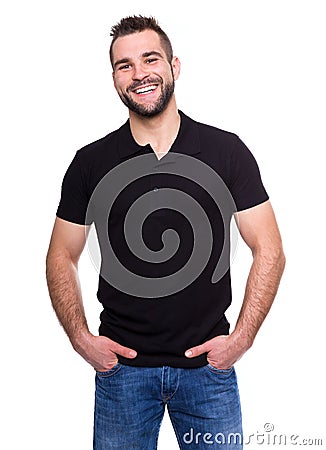 Young happy man in a black polo shirt Stock Photo