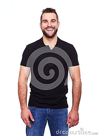 Young happy man in a black polo shirt Stock Photo