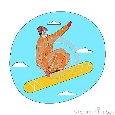 Young happy man in orange winter sportswear jumping during snowboarding Cartoon Illustration
