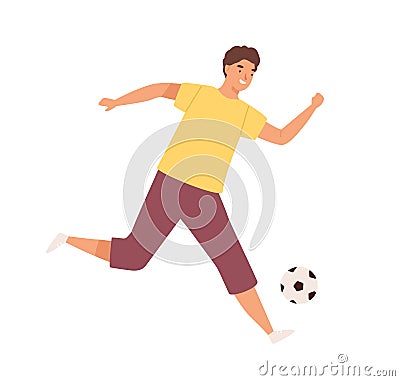 Young happy man playing football. Male soccer player kick the ball. Footballer enjoy game. Flat vector cartoon Vector Illustration