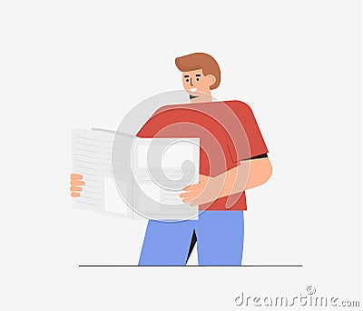 Young happy man reads positive news in a newspaper. Flat style vector illustrataion Stock Photo