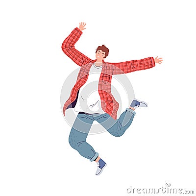 Young happy man in a red shirt and tucked up jeans jumping fun and laughs Vector Illustration