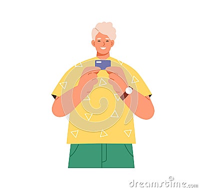 Young happy man standing with new plastic debit or credit card in hands. Portrait of smiling bank client. Modern person Vector Illustration