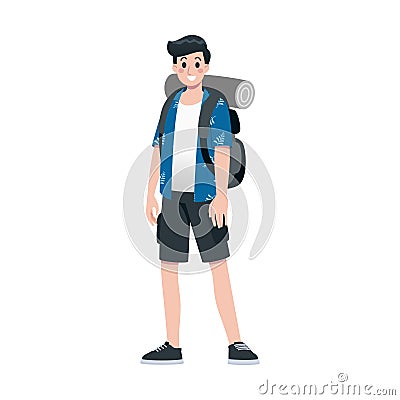 Young happy man tourist flat cartoon character. Traveling male people on summer vacation trip, Isolated on white background Vector Illustration