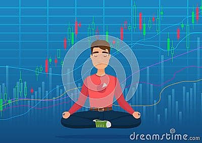 Young happy man trader meditating under crypto or stock market exchange chart concept. Business trader, finance stock Vector Illustration