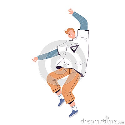 Young happy man in a white t-shirt and brown jeans jumping cheerfully and laughs Vector Illustration