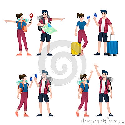 Young happy man and woman tourists flat cartoon character. Around the world traveling male and female people on a summer vacation Vector Illustration