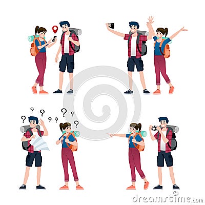 Young happy man and woman tourists flat cartoon character. Around the world traveling male and female people on a summer vacation Vector Illustration