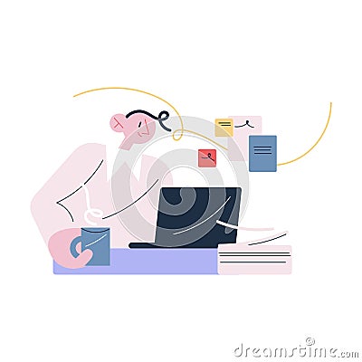 Young happy man worker drinking morning coffee during working at laptop Vector Illustration