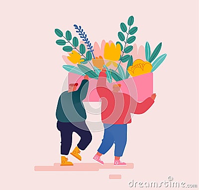 Young Happy Men Characters Carry Huge Bunch of Herbs for Perfume or Essential Oil Creation. Seasoning and Spices Vector Illustration