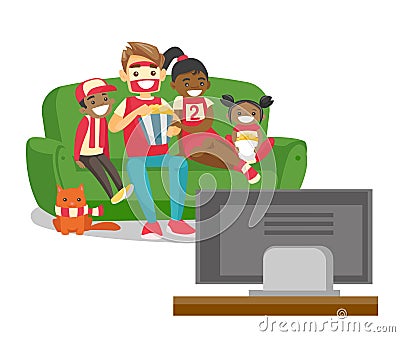 Multicultural family watching football match on TV Vector Illustration