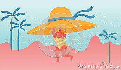 Young Happy Overweight Woman Character Holding Huge Tropical Hat in Hands Run along Summer Sandy Beach Vector Illustration