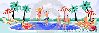 Young happy people on summer pool party. Vector flat cartoon characters illustration. Men, women in bikini and swimwear Vector Illustration