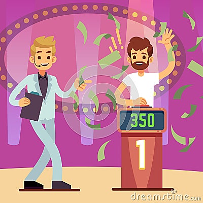 Young happy quiz game winner in the money rain vector illustration Vector Illustration