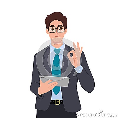 Young happy smiling businessman clerk manager character standing with tablet and showing ok sign Stock Photo