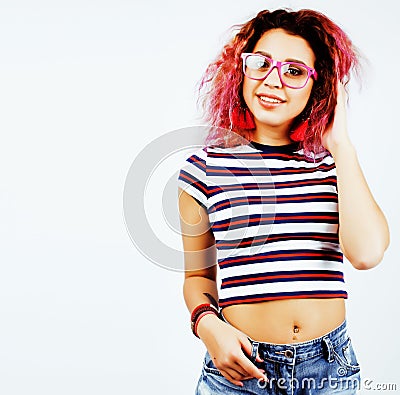 Young happy smiling latin american teenage girl emotional posing on white background, lifestyle people concept Stock Photo